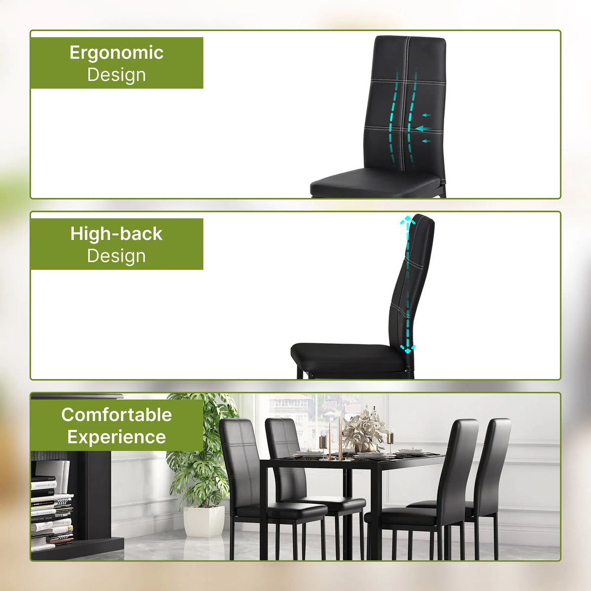 5-Piece Black Glass Dining Table Set – Rectangular Kitchen Table with 4 Faux Leather Chairs (United States & Canada Delivery Only)