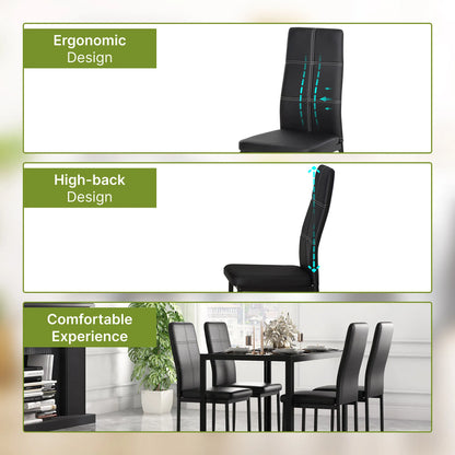 5-Piece Black Glass Dining Table Set – Rectangular Kitchen Table with 4 Faux Leather Chairs (United States & Canada Delivery Only)