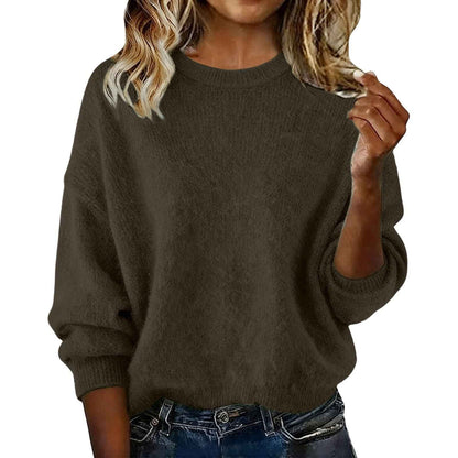 Nouveauté pull ras du cou femme couleur unie – Tricot décontracté ample pour l'automne