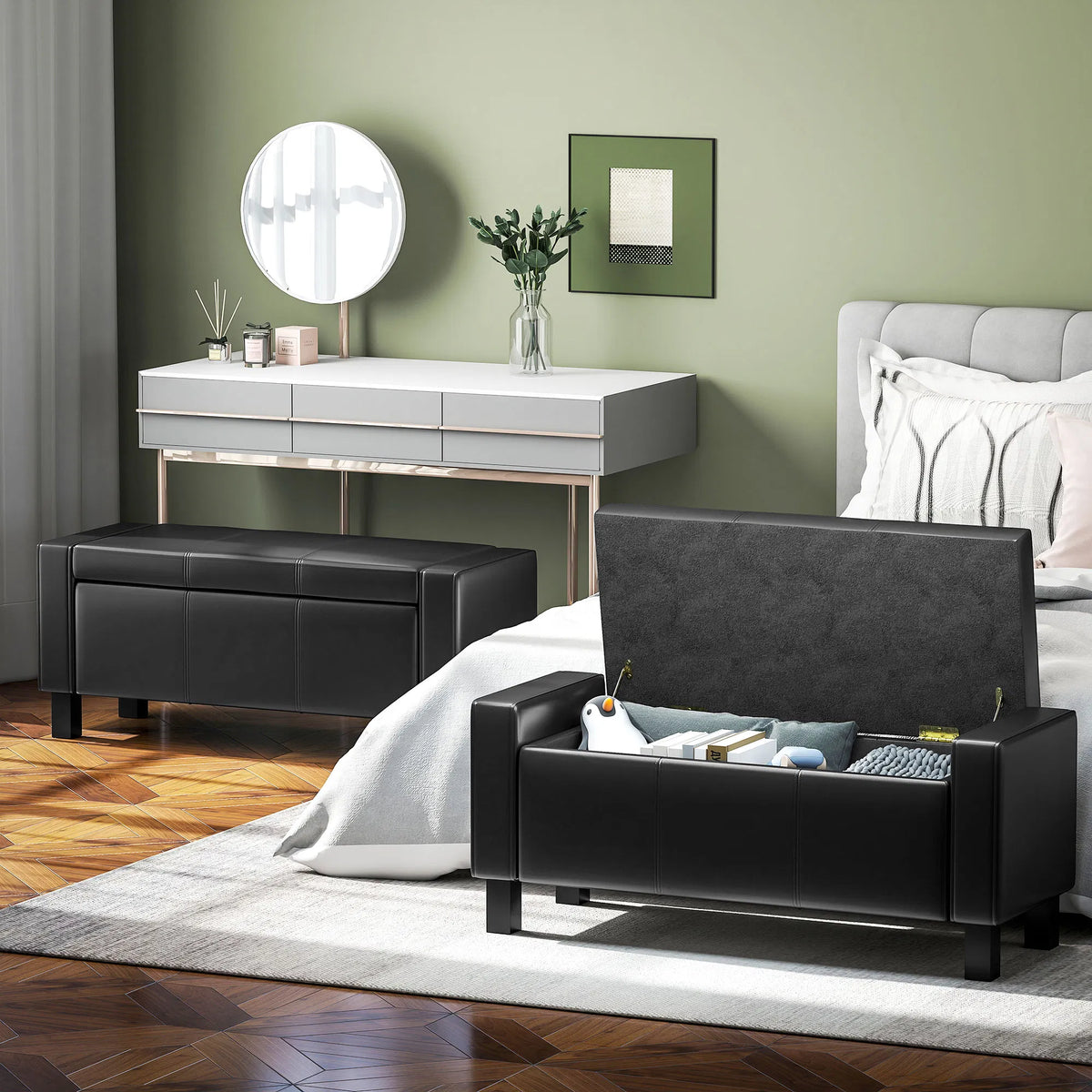 42-Inch Black Faux Leather Storage Ottoman Bench – Padded Footstool & Organizer Seat ( United States & Canada Delivery Only)