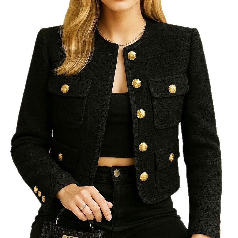 Veste courte en mélange de laine pour femme – Manteau décontracté léger uni à col rond