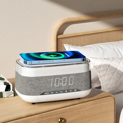 Réveil intelligent multifonctionnel Haut-parleur Bluetooth Chargeur sans fil Chargement rapide Horloge Lumière d'ambiance Décoration intérieure