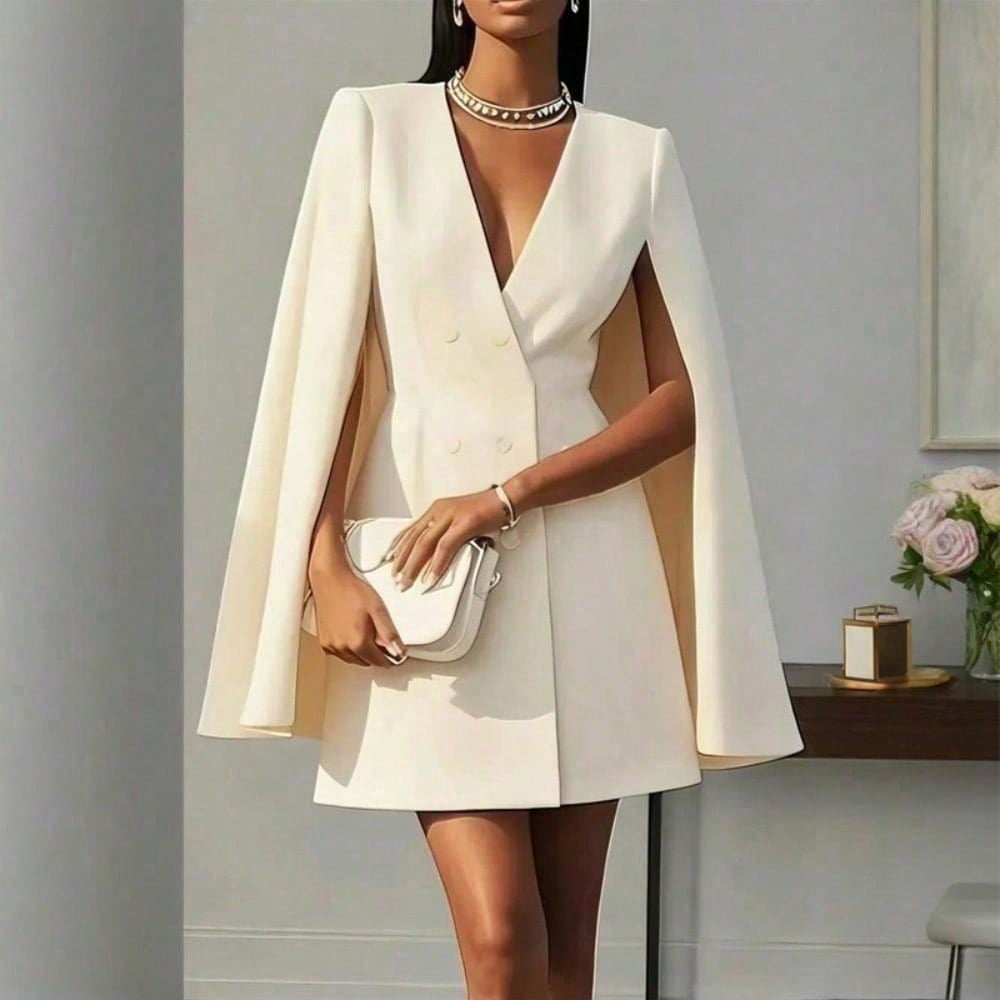 Robe blazer courte à cape élégante pour femme, robe habillée de luxe à double boutonnage, col en V, épaules structurées et manches cape fluides.