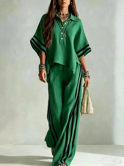 Ensemble deux pièces chemise à manches courtes et pantalon ample pour femme