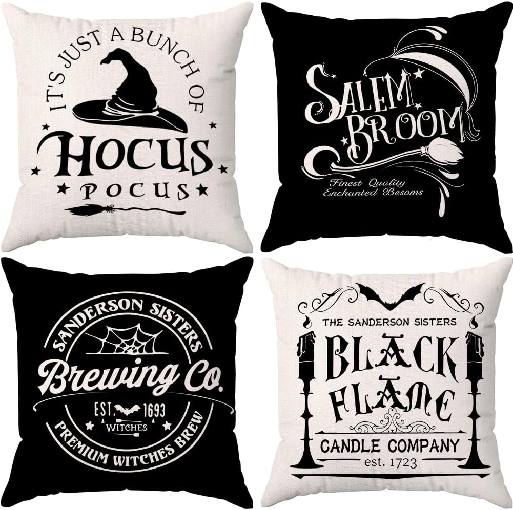 Set of 4 Halloween Pillow Covers 18 × 18 in – Hocus Pocus Black & White Fall Decor (Canada Delivery Only)