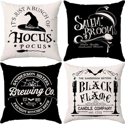 Set of 4 Halloween Pillow Covers 18 × 18 in – Hocus Pocus Black & White Fall Decor (Canada Delivery Only)