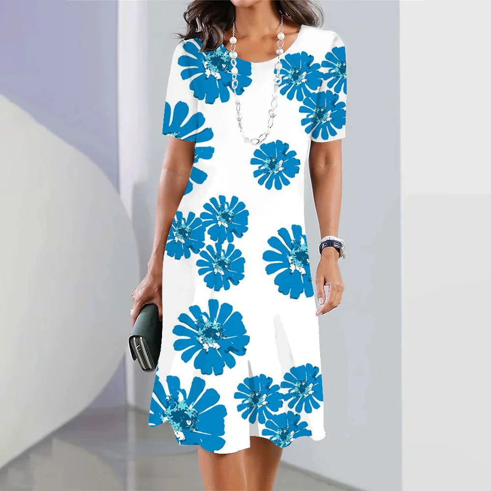 Robe de soirée à imprimé floral 3D pour femme – Robe élégante bleue sans manches à col rond