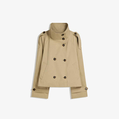Trench-coat rétro à double boutonnage pour femme – Veste courte à manches longues, col à revers et fermeture à nouer