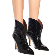 Bottines à talons aiguilles en cuir verni pour femme – Bottines tendance à bout pointu et motif pierre