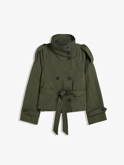 Trench-coat rétro à double boutonnage pour femme – Veste courte à manches longues, col à revers et fermeture à nouer