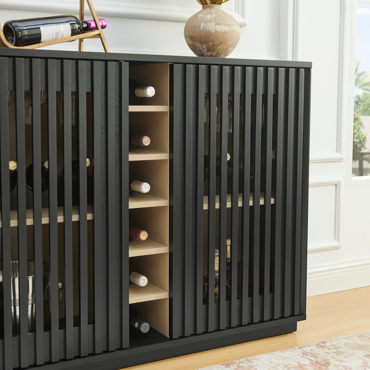 Mid Century Modern Fluted Hollowed Out Liquor Cabinet, Buffet Cabinet With Wine Glass Holder & Wine Rack, Storage Cabinet For Living Room, Entryway, Hallway, Dining Room, Kitchen (United States Delivery Only)