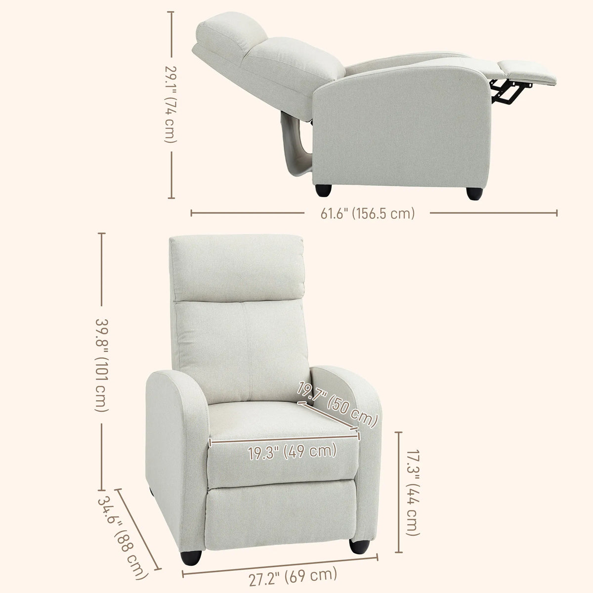 Cream White Fabric Recliner Chair – Manual Home Theater & Living Room Sofa with Padded Seat (United States & Canada Delivery Only)