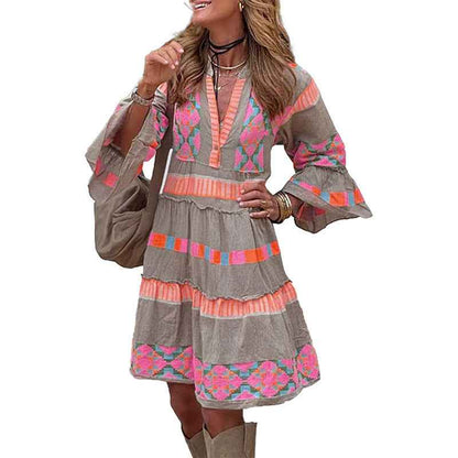 Robe à col en V imprimé mode – Robe trapèze à volants pour femme, manches trois-quarts, idéale pour l'été