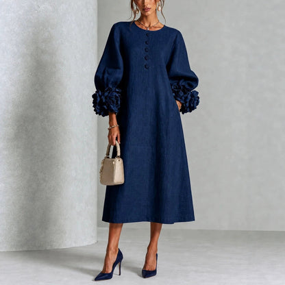 Robe trapèze à fleurs 3D pour femme – Robe de soirée et de mariage style français à manches bouffantes