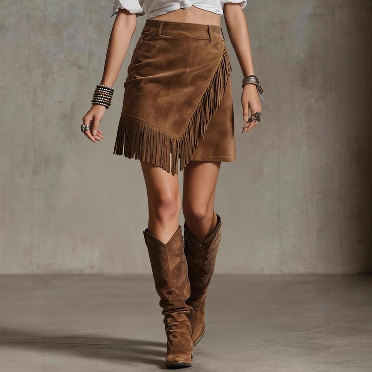 Jupe courte rétro style western en daim pour femme - Jupe moulante à franges