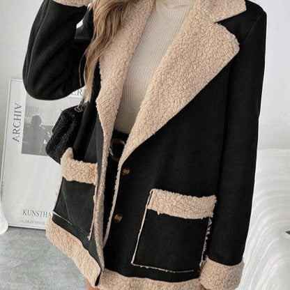 Manteau en suédine et velours côtelé doublé en laine d'agneau pour femme – Veste d'hiver chaude à manches longues
