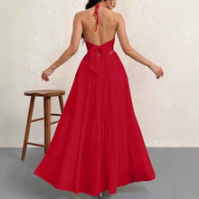 Robe longue trapèze plissée à dos nu, encolure américaine et col en V, tenue femme, robe une pièce, jupe longueur cheville pour tenues de vacances à la plage