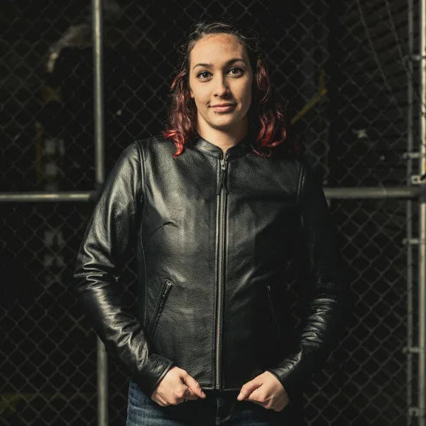 Blouson moto en cuir pour femme. Cuir de vachette léger avec poches pour protections