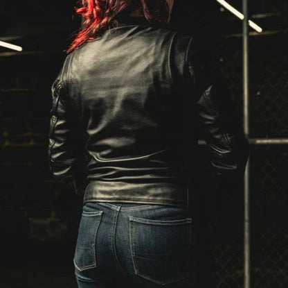 Blouson moto en cuir pour femme. Cuir de vachette léger avec poches pour protections