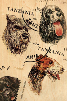 Carte postale en bois - Quatre chiens