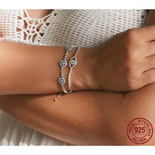 Bracelet tennis œil grec en argent sterling 925 véritable avec zircones cubiques bleues | Ajustable