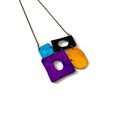 Collier pendentif audacieux Color Block, design quatre pièces, fait main en pâte polymère
