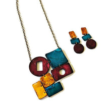 Geometric Statement Jewelry Set in Maroon, Mustard & Denim Blue