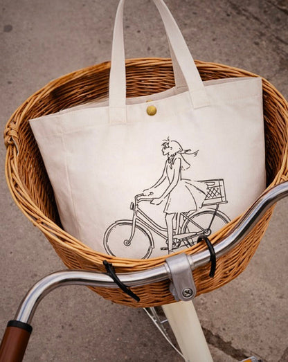 Sac fourre-tout en toile illustré Fille à vélo