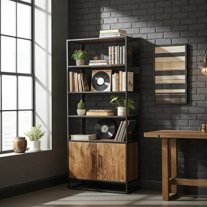 Acacia Wood Shelf with 2 Doors on Black Steel Frame