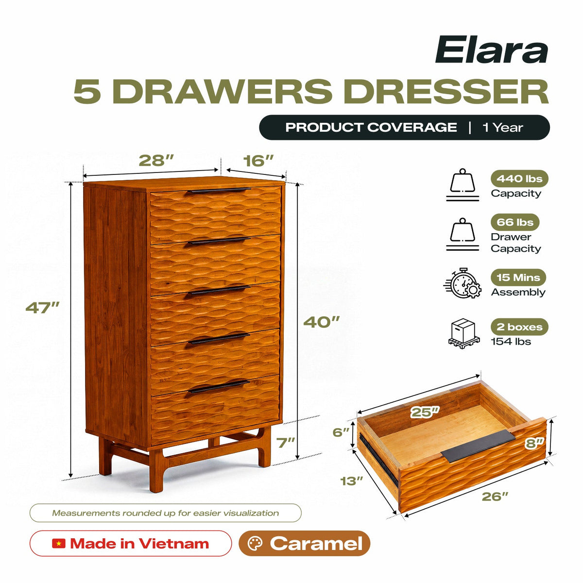 Elara Solid Wood Dresser with 5 Drawers