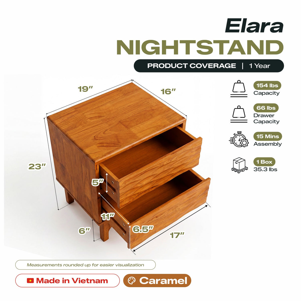 Elara Solid Wood Nightstand