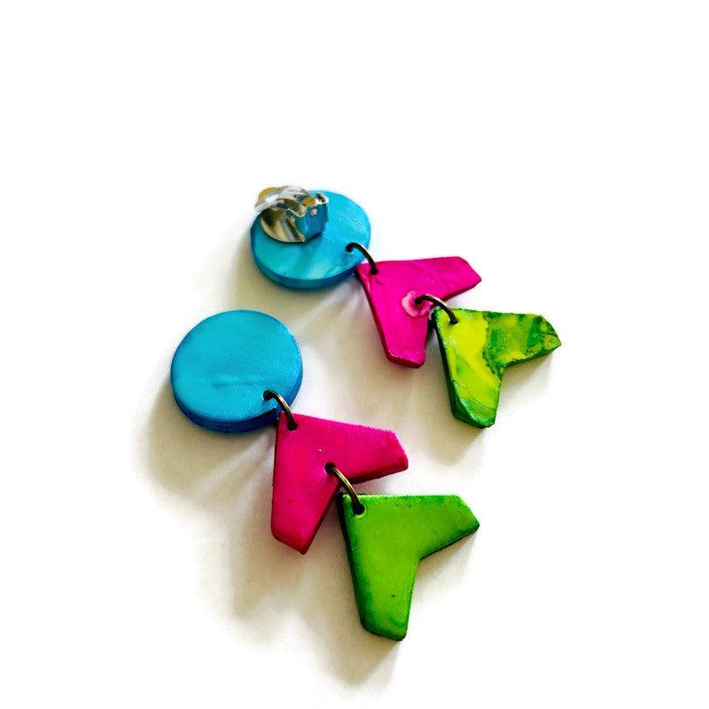 Boucles d'oreilles clip géométriques néon faites à la main années 80