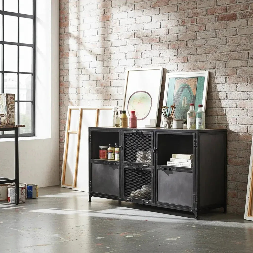 Mango Wood and Raw Steel Ibiza Buffet with Glass Doors