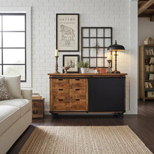 Industrial mango wood and black steel buffet on wheels with 6 drawers and sliding steel door