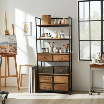 Étagère Style industrielle en bois de manguier et acier noir avec 2 tiroirs