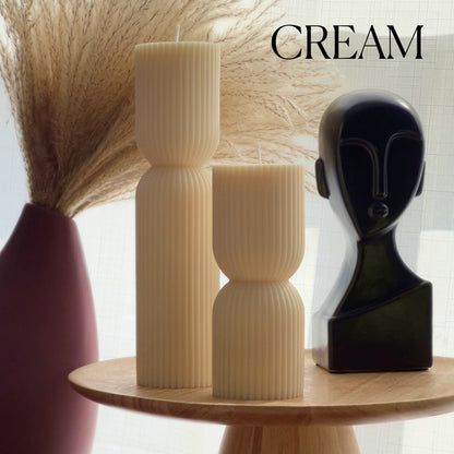 Ribbed Hourglass Pillar Candle: Sculptural Soy Wax Candle