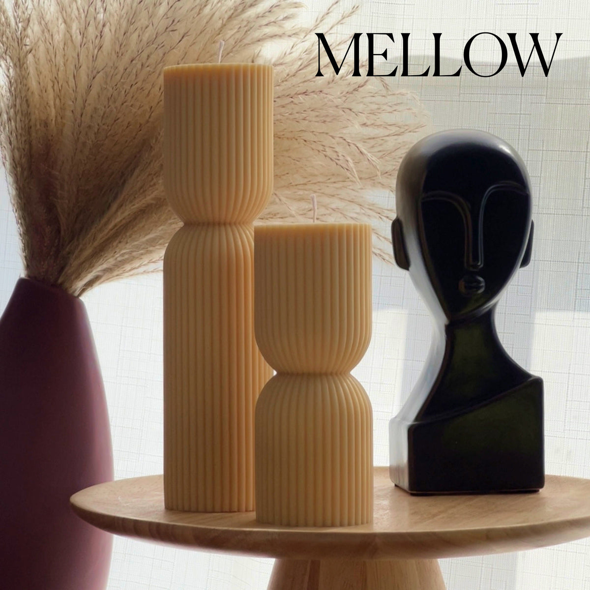 Ribbed Hourglass Pillar Candle: Sculptural Soy Wax Candle