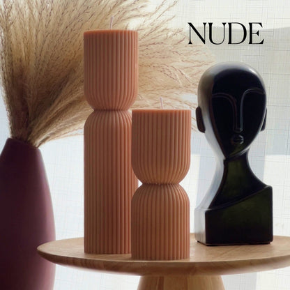 Ribbed Hourglass Pillar Candle: Sculptural Soy Wax Candle