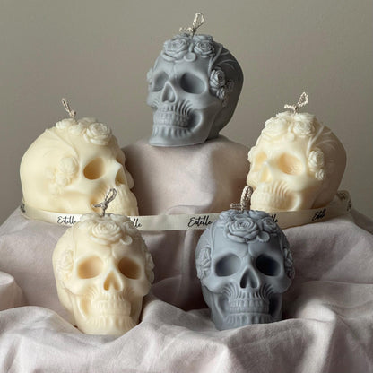 Handmade Halloween Flowers Skull Candle: Spooky Soy Wax Home Decor