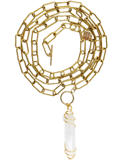 Collier double tour en quartz clair et trombones, doré