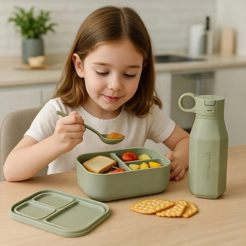 Ensemble boîte à bento en silicone et bouteille d'eau – Récipient alimentaire antifuite à 3 compartiments pour enfants et adultes