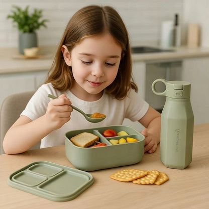 Ensemble boîte à bento en silicone et bouteille d'eau – Récipient alimentaire antifuite à 3 compartiments pour enfants et adultes