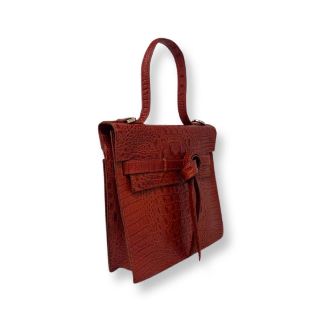 Roxanne Real Leather Handbag, Embossed Croc Red