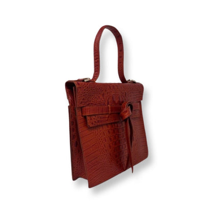 Roxanne Real Leather Handbag, Embossed Croc Red