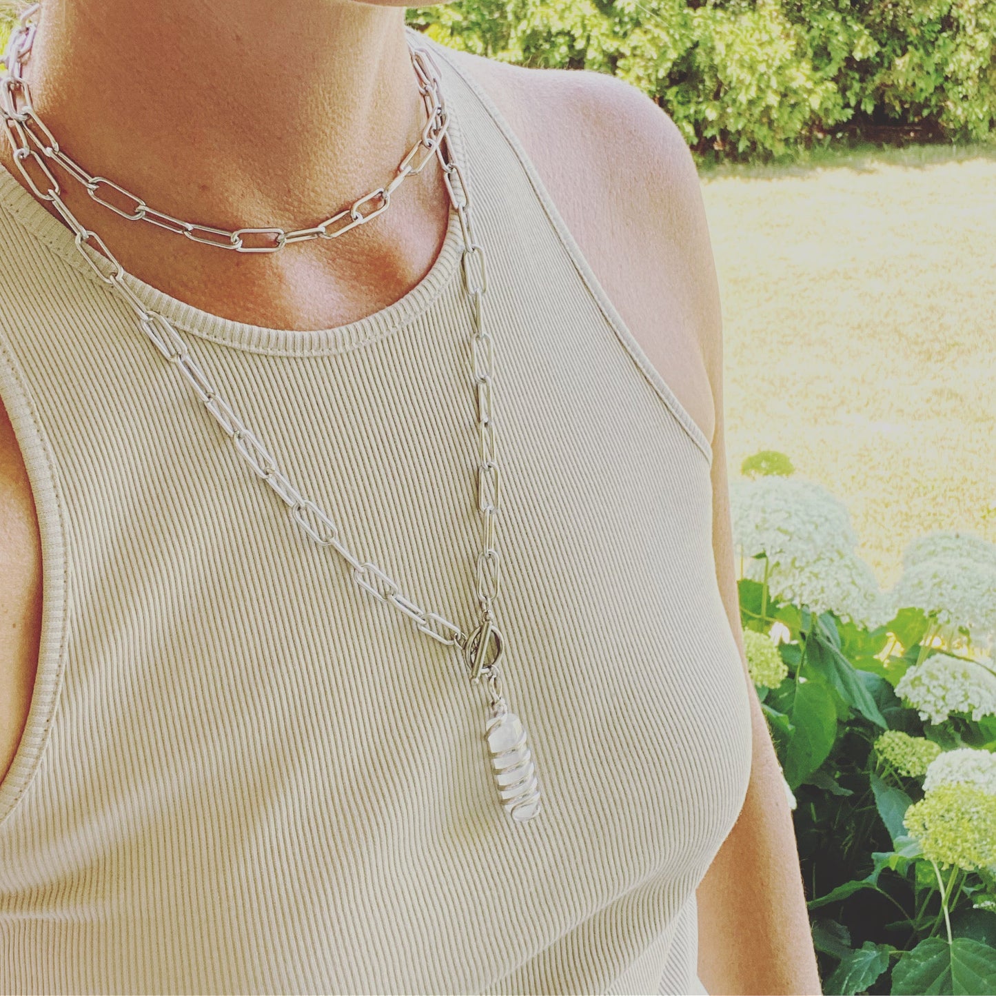 Collier double tour trombone en quartz clair, argenté