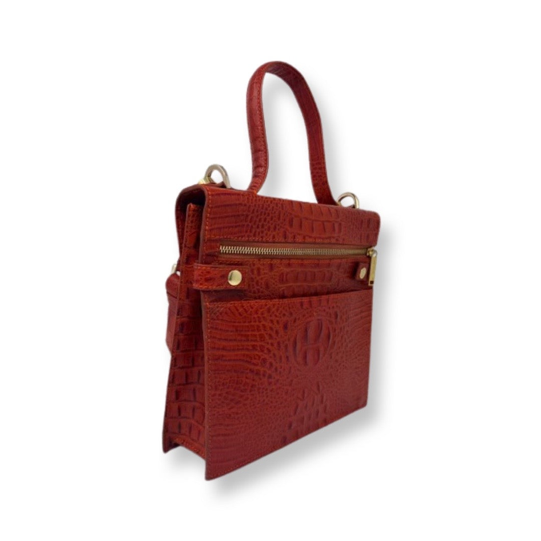 Roxanne Real Leather Handbag, Embossed Croc Red