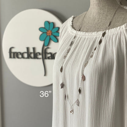Scattered Leaf Necklace – Long Layering Chain with Cascading Silver & Mixed Metal Leaves