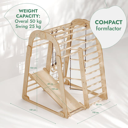 Aire de jeux intérieure en bois pour enfants - Aire de jeux 6-en-1 + Balançoires + Toboggan