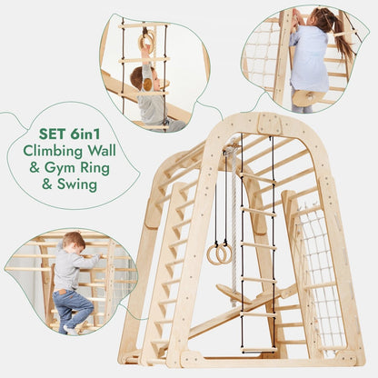 Aire de jeux intérieure en bois pour enfants - Aire de jeux 6-en-1 + Balançoires + Toboggan