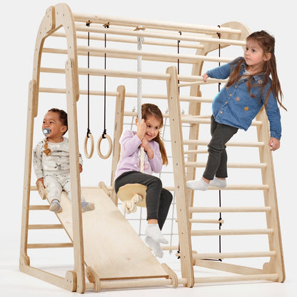 Aire de jeux intérieure en bois pour enfants - Aire de jeux 6-en-1 + Balançoires + Toboggan